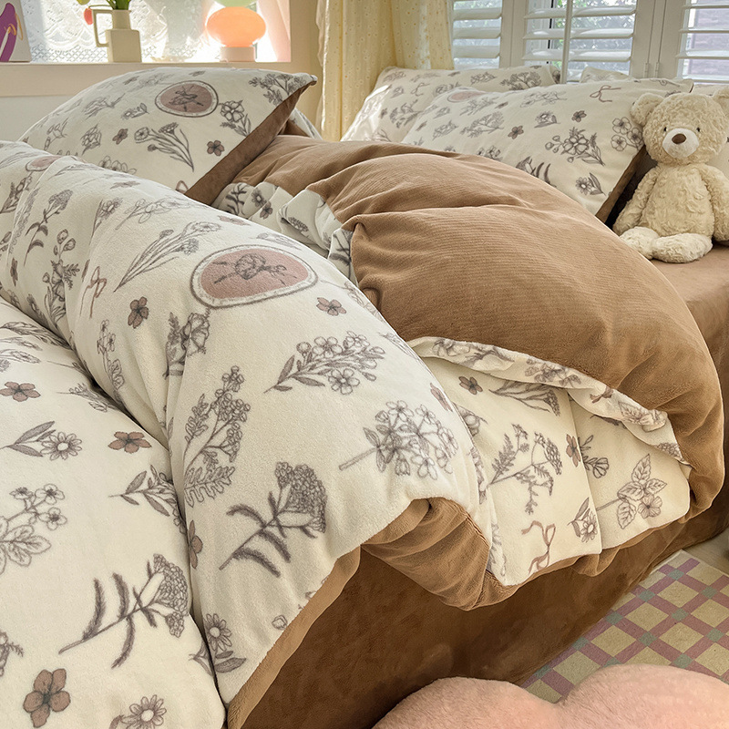 Nuevo traje de terciopelo de leche de cuatro piezas de terciopelo de coral grueso otoño e invierno sábana funda edredón sábana ropa de cama
