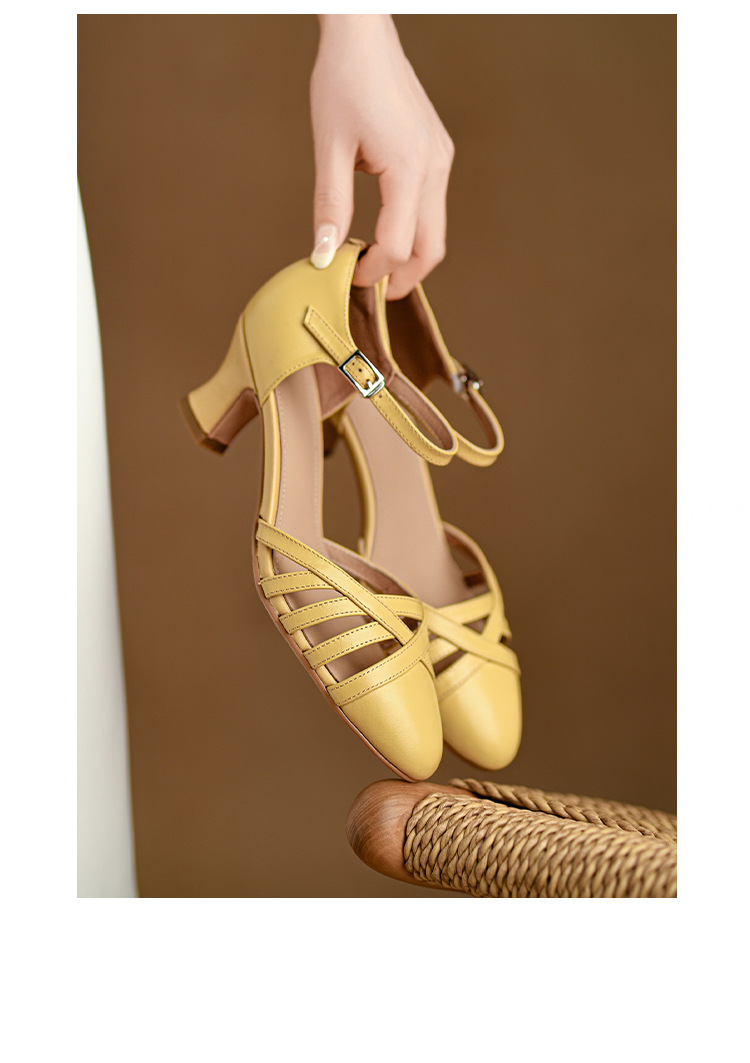 Sandal nữ quai hậu mũi nhọn retro da bò gót 5 cm kiểu La Mã — Màu trắng nhạt chi tiết 13
