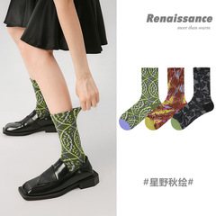 文藝復興秋款潮牌女襪原創設計復古中筒襪浮雕風精梳棉襪子女批發