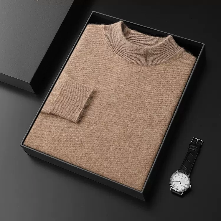 秋冬季无缝一线成衣羊绒衫男半高领中年山羊绒衫纯色宽松大码打底