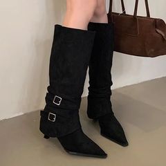 绒面尖头褶皱堆堆靴女2025秋冬新款可拆卸两穿细跟长筒靴高跟短靴