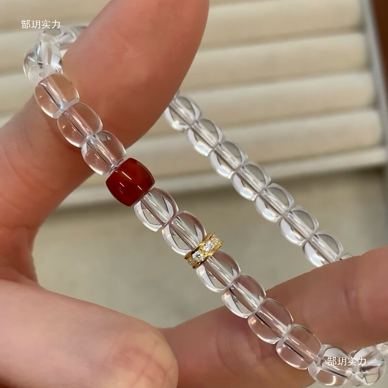 7A Grade White Crystal Barrel Beads Paired with Red Agate Original Design Bracelet for Couples, Light Luxury Certificate