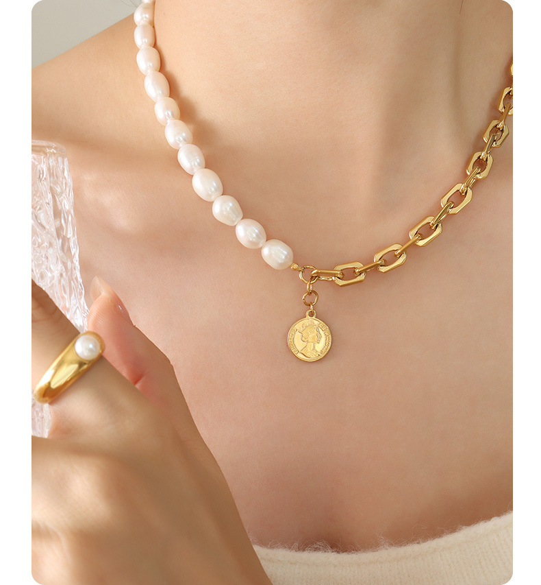 Baroque Style Portrait Round Pearl Titanium Steel Necklace 1 Piece