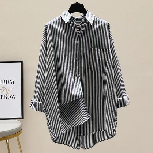 2025 Spring and Autumn New Korean Style Literary Short Front and Long Back Collared Shirt Women's Casual Long Striped Blouse