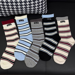South Korea Contrast Color Stripe Cloth Label Women's Socks Cotton Socks Vintage New Arrival Mid-Cylinder Color Matching College Pile Ins All-Match Fashionable Socks