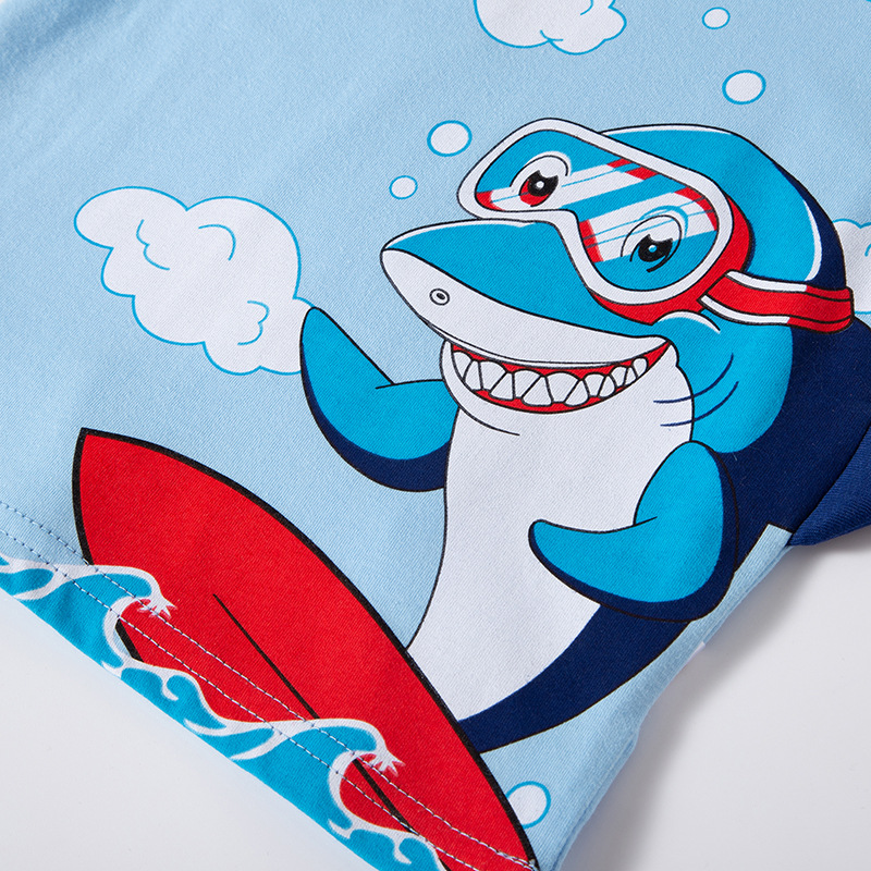 2024 nuevo patrón de tiburón de dibujos animados Camiseta de manga corta para niños verano bebé superior algodón entrega de una pieza