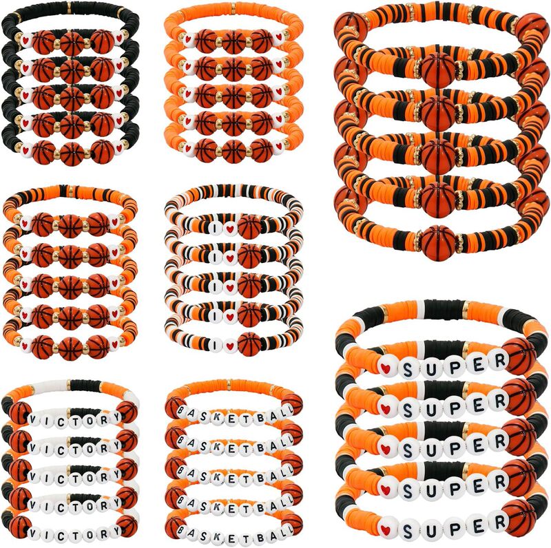 40 Pieces Basketball Bracelets Stretchy Stackable Clay Beaded Sports Themed Charm Bracelets Handmade Basketball