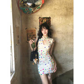 新中式波点改良旗袍连衣裙女夏季高级感气质修身收腰包
