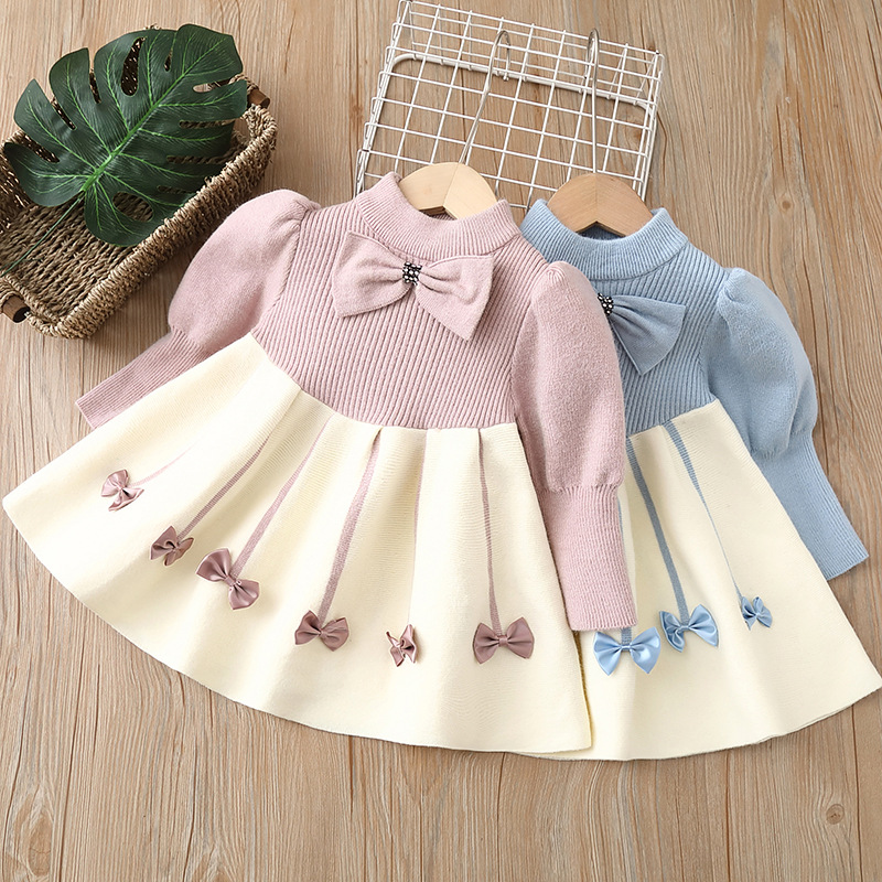 Long Sleeve Sleeve Length Elegant Color Block Bow Knot Polyacrylonitrile Fiber Girls Dresses