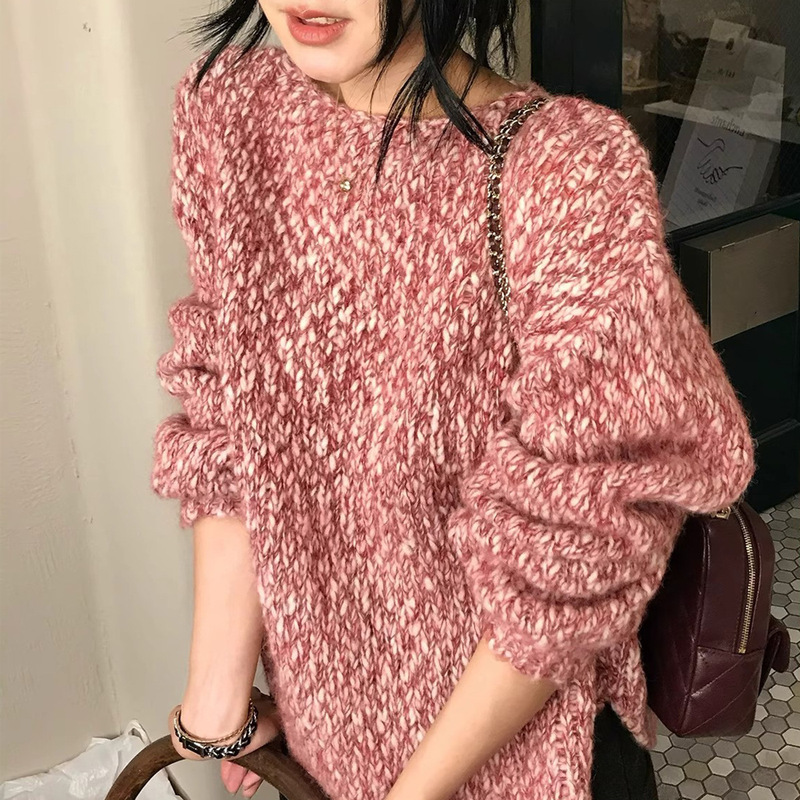 In-Stock, Handcrafted, Heavy-Duty Alpaca Wool Blend, Large Belly Yarn, Fluffy, Lazy Pullover, Round Neck, Knitted Oversized Sweater Coat In-Stock, Handcrafted, Heavy-Duty Alpaca Wool Blend, Large Belly Yarn, Fluffy, Lazy Pullover, Round Neck, Knitted Oversized Sweater Coat