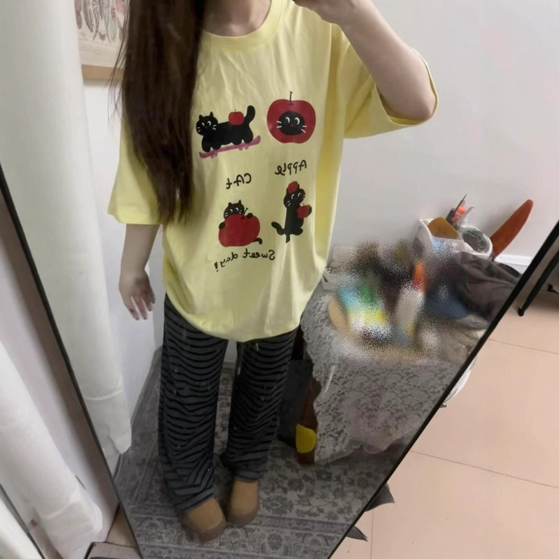 Unique Off-Shoulder Printed Half-Sleeve T-Shirt Sports Pure Cotton Short-Sleeve Top for Women Hip-Hop