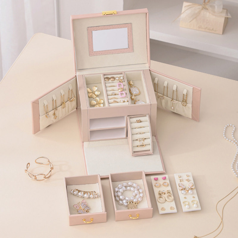 Suministro directo transfronterizo caja de joyería caja de almacenamiento correa de mano espejo caja de joyería collar anillo caja de joyería caja jewelry