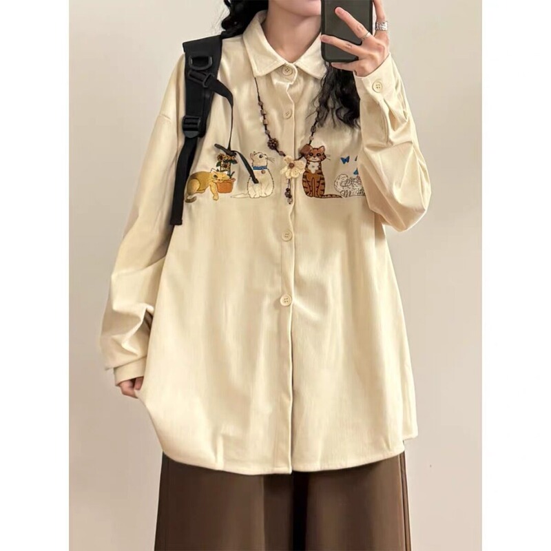 American Trendy Brand Cat Embroidered Corduroy Long-Sleeved Shirt Women's Summer Hong Kong Style Casual Top Trendy