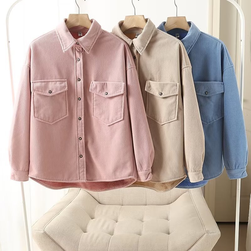 2022 European and American style fine lambswool real and fake flip large pocket front short back long fine grain corduroy shirt for women 2022 European and American style fine lambswool real and fake flip large pocket front short back long fine grain corduroy shirt for women