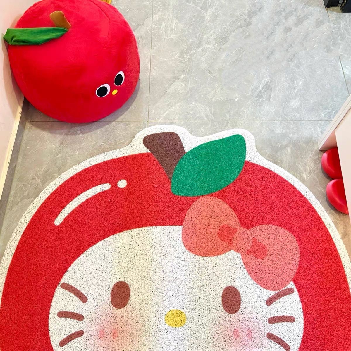 Q版ハローキティの玄関用除塵シルクサークルドアマット、家庭用玄関エリアフロアマット、カートゥーンカーペットとしても使用可能、カット可能、滑り止め付き。