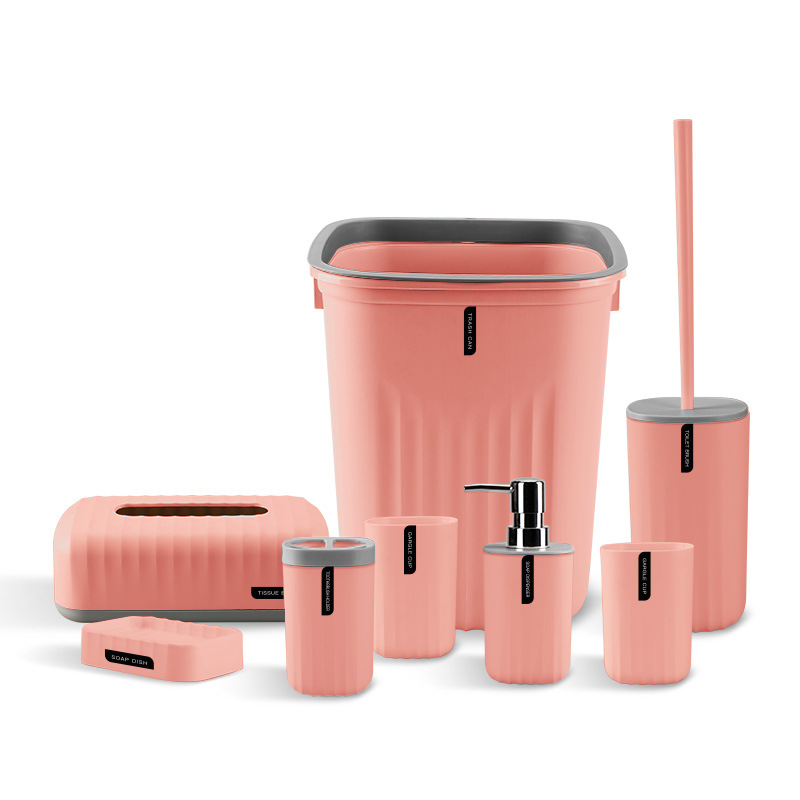 Lavado de baño patrón onda simple color sólido kit enjuague bucal taza cepillo dientes jabón caja plástico ocho piezas traje