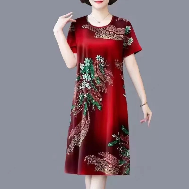 Одежда для мам среднего и пожилого возраста, новинка 2025 года, свободное платье большого размера из ледяного шелка, закрывающее живот, женская летняя модная юбка средней длины