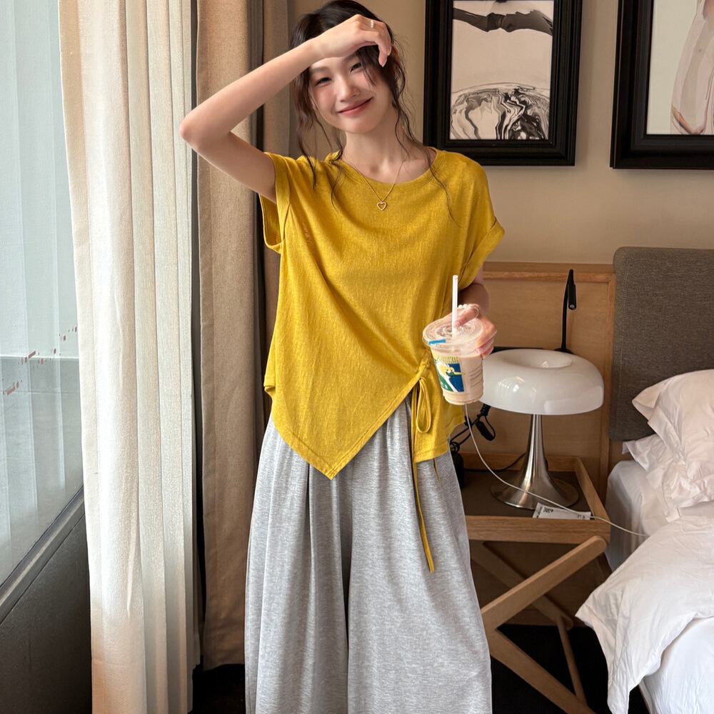 Liquidación, sin devoluciones ni cambios, camiseta de manga corta con cordón de algodón y lino con diseño de copo de nieve de estilo coreano para mujer, top de verano 2025.
