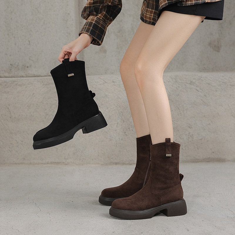 34-43 Large Size Boots Round Toe Thick Heel Short Boots Women's Autumn and Winter New Suede Knight Boots Cross-Border Export Medium Heel Women's Boots