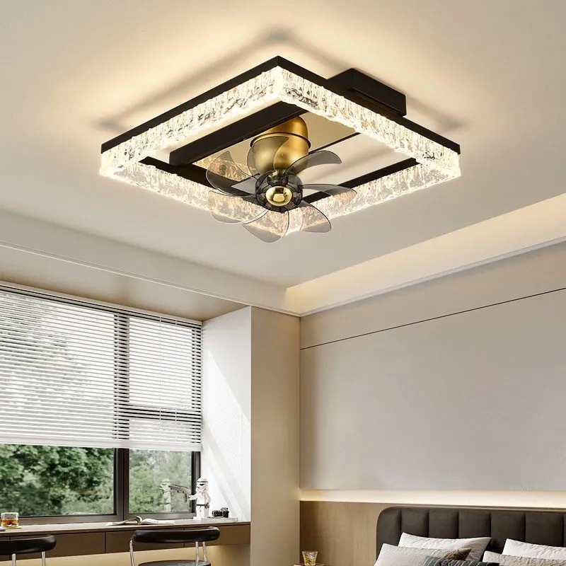 Lámpara de ventilador de lujo ligero moderno, espectro completo, atmósfera, grietas de hielo, luz de ventilador creativa, lámpara de dormitorio integrada, lámpara de techo de sala de estar