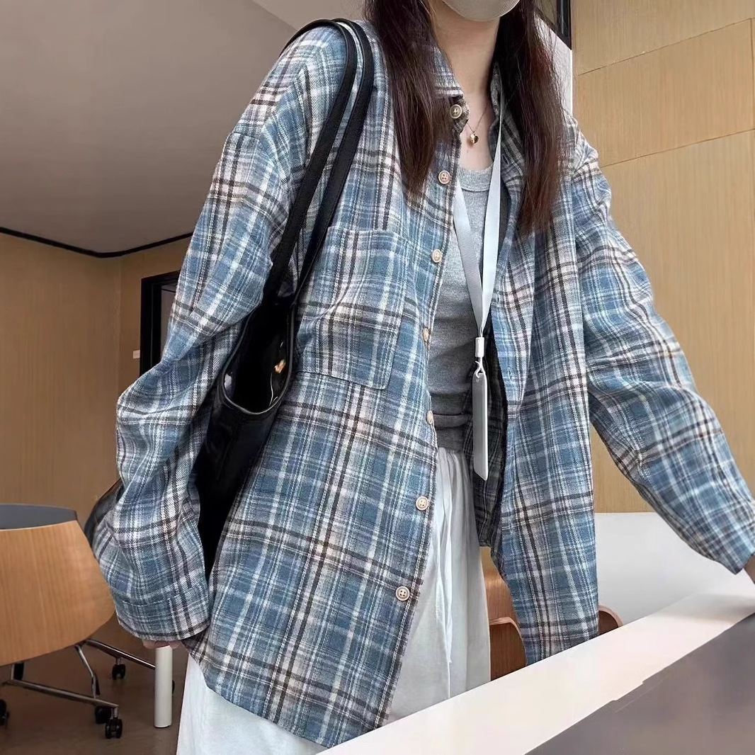 蓝色格子女式衬衫长袖外套春秋季新款气质法式上衣设计感开衫衬衣