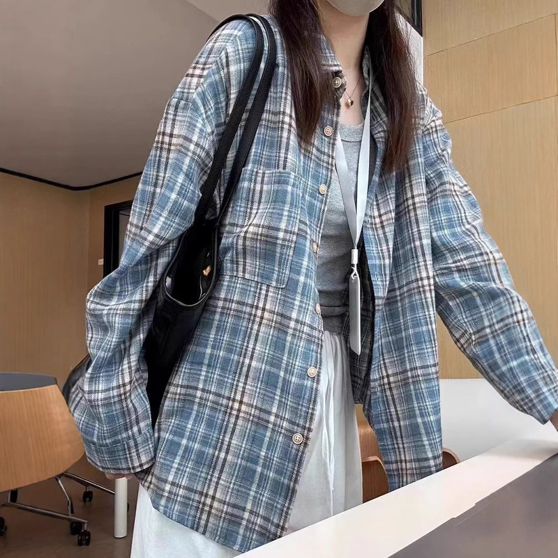 Blue Plaid Blouse Long-sleeved Jacket Spring and Autumn New Elegant French Top Design Cardigan Shirt