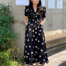 小花朵连衣裙女夏季韩版过膝中长款系带收腰V领短袖气质印花裙