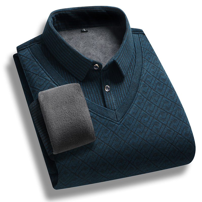 Wholesale Foreign Trade Autumn and Winter Men's Shirts for Middle-Aged and Elderly, Men's Faux Two-Piece Sweater, Men's Fleece-Lined Thickened Warm Shirt Trendy