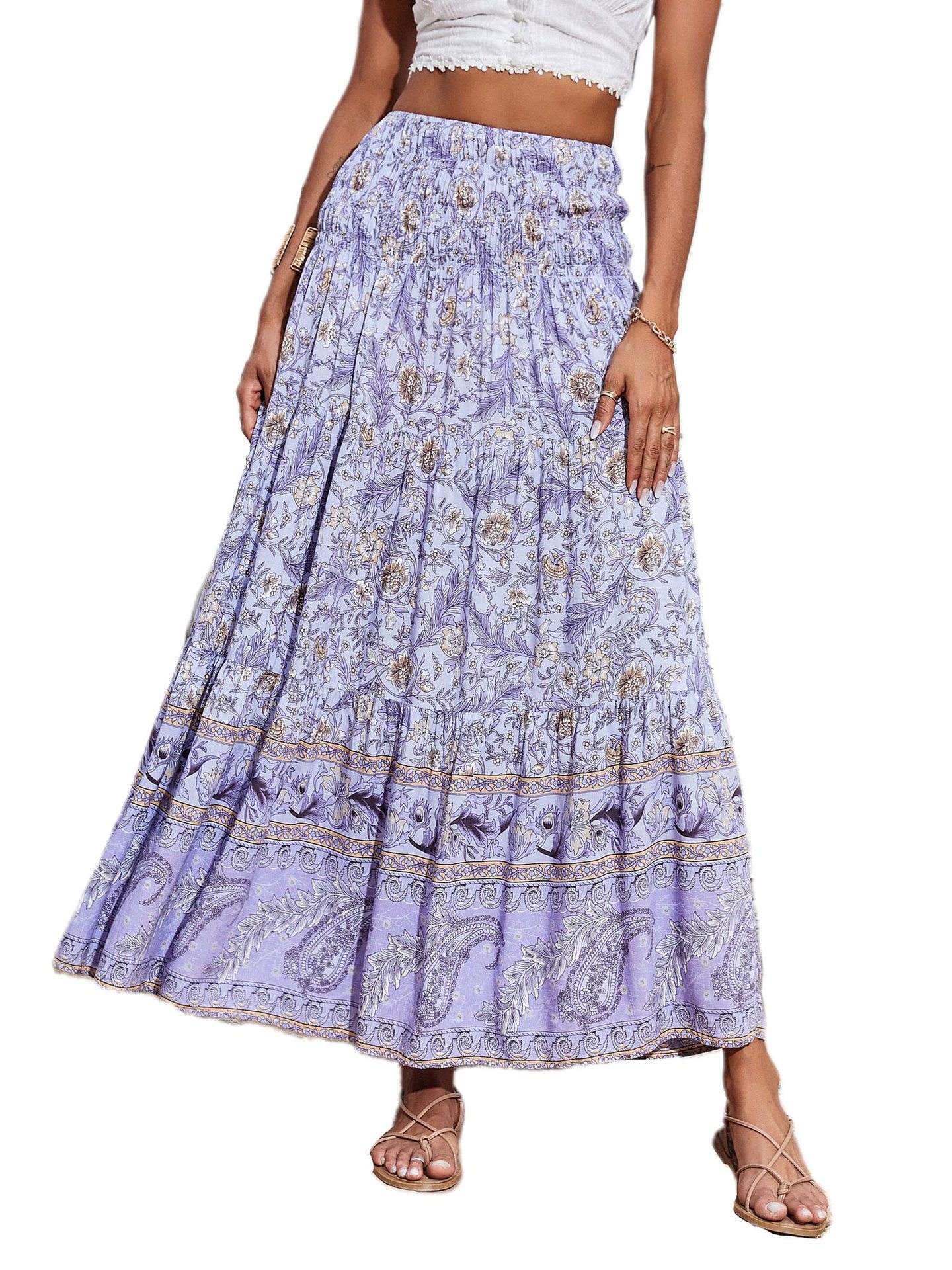 New European And American Printed Flared Bohemian Casual High-waisted Long Skirt, Beach Skirt For Women_ecoleips.com