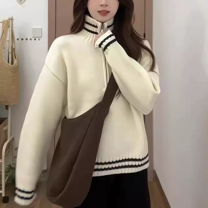 Spring white knitted sweater with zipper, American style, with a zipper