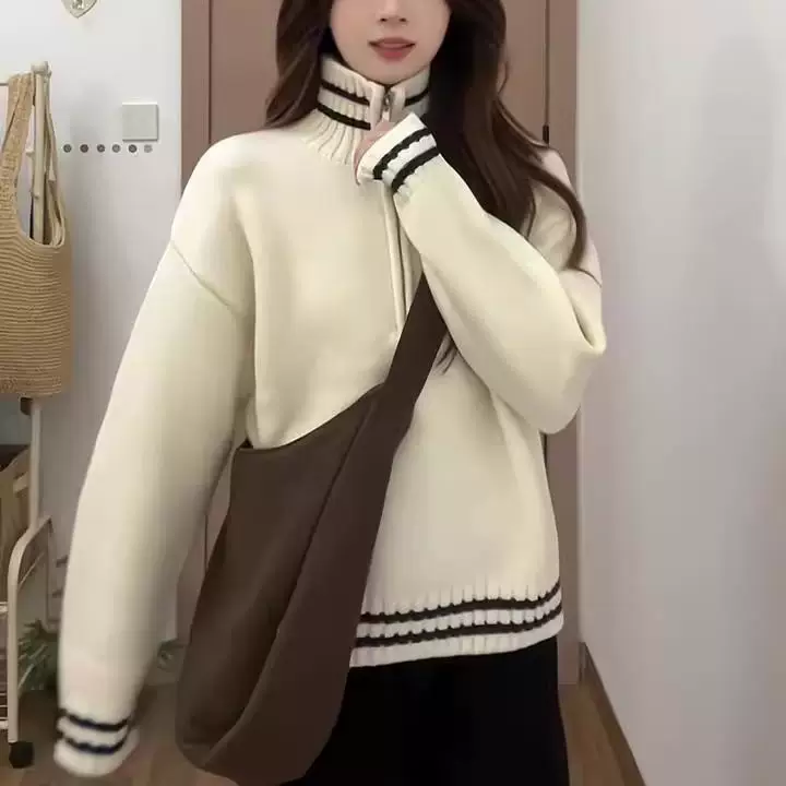 Spring white knitted sweater with zipper, American style, with a zipper
