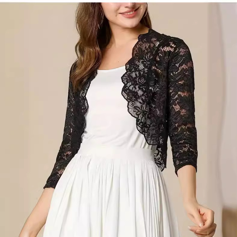 Women's Clothing Style Women's Short Collarless Vest Cardigan Solid Color Elegant Lace Top Fashion Outerwear_ecoleips.com