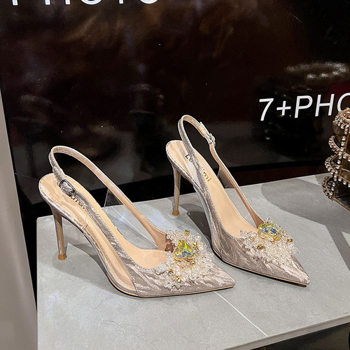 2024 New Slim Heel Pointed Pearl Bridal Wedding Shoes with Sparkling Beads and Glass Adhesive High Heels Sandals