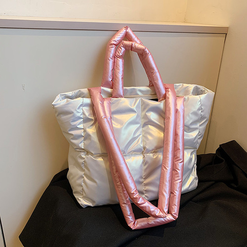  new Korean style simple contrasting color portable cotton clothing bag niche personality glossy western style large capacity shoulder bag