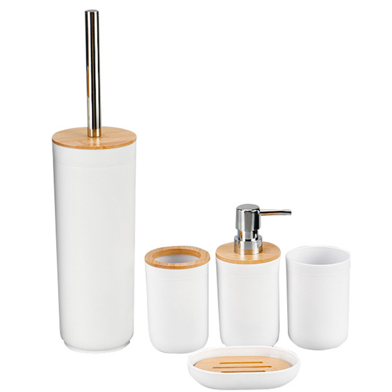Cubierta de bambú baño de lavado de plástico de cinco piezas de fábrica al por mayor de almacenamiento de inodoro titular de cepillo de dientes conjunto de cinco piezas