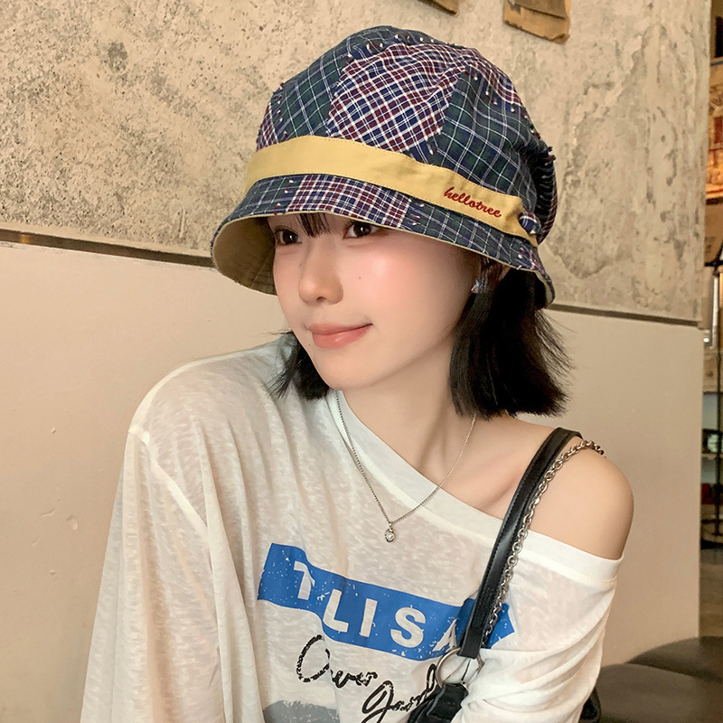 韩系复古格纹拼色渔夫帽女小众百搭文艺盆帽大头围显脸小水桶帽子|undefined