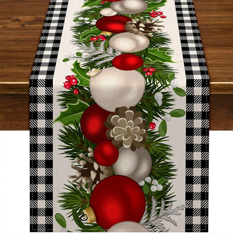 Camino de mesa navideño con estampado de muñeco de nieve y Santa