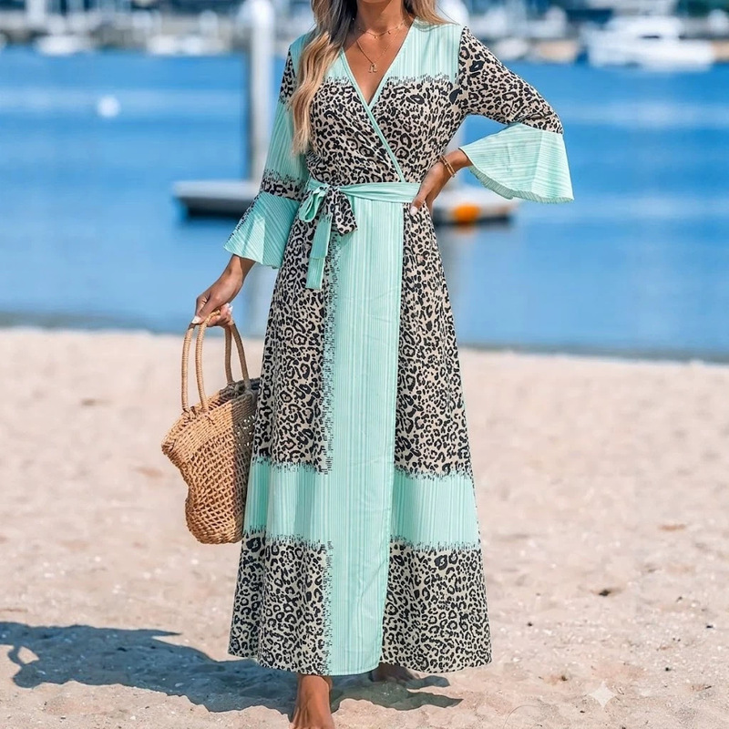 European and American cross-border leopard print striped patchwork V-neck wrap dress with bell sleeves, waist-cinching, tie-waist, elegant plus-size long dress European and American cross-border leopard print striped patchwork V-neck wrap dress with bell sleeves, waist-cinching, tie-waist, elegant plus-size long dress