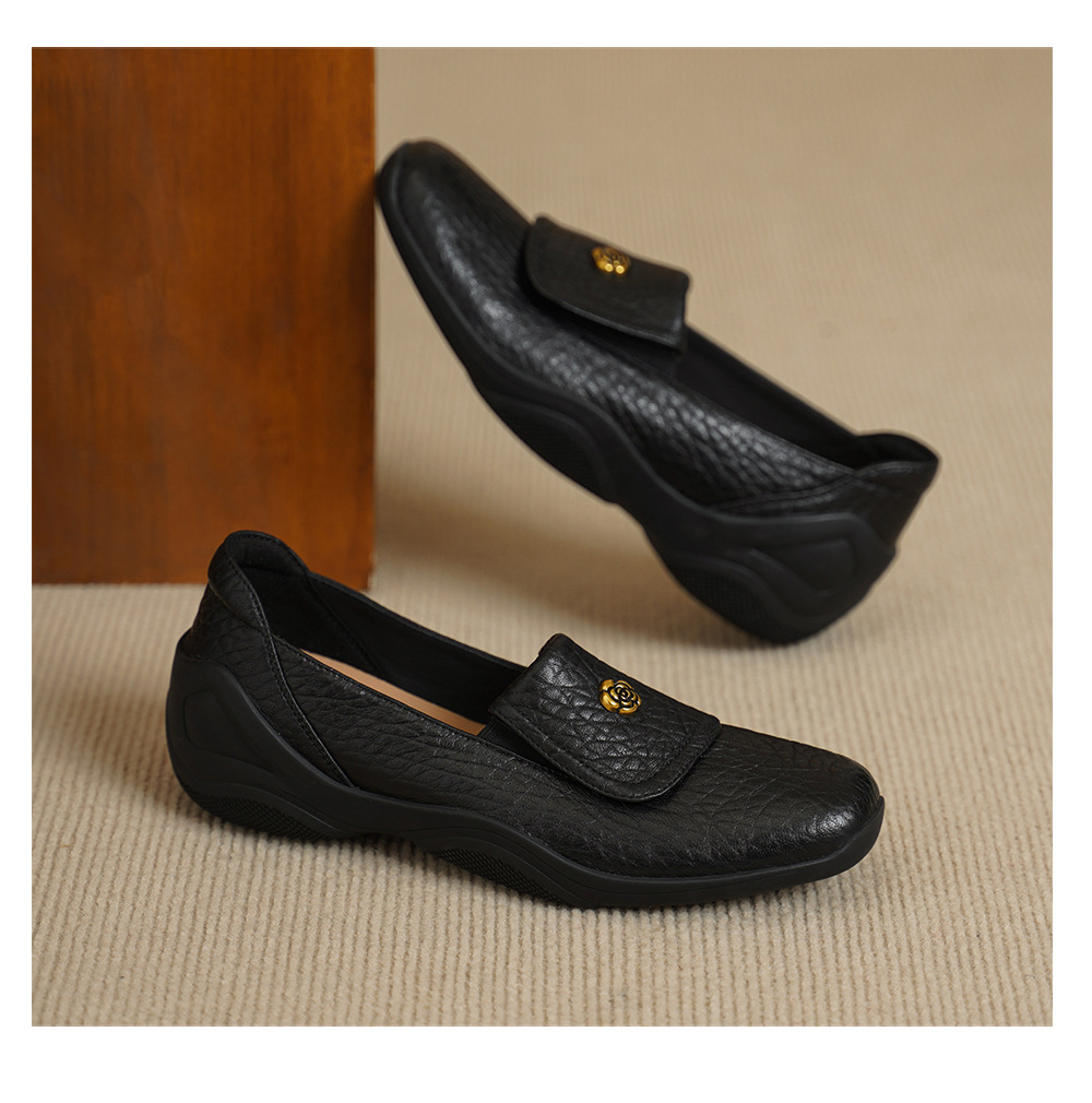 Giày loafer nữ da dê mũi tròn, gót thấp 3 cm, hoa nổi, phong cách cổ điển — màu nâu chi tiết 13