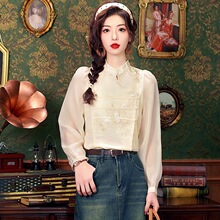 新中式国风衬衫女早秋装设计感改良汉元素盘扣立领泡泡袖长袖上衣