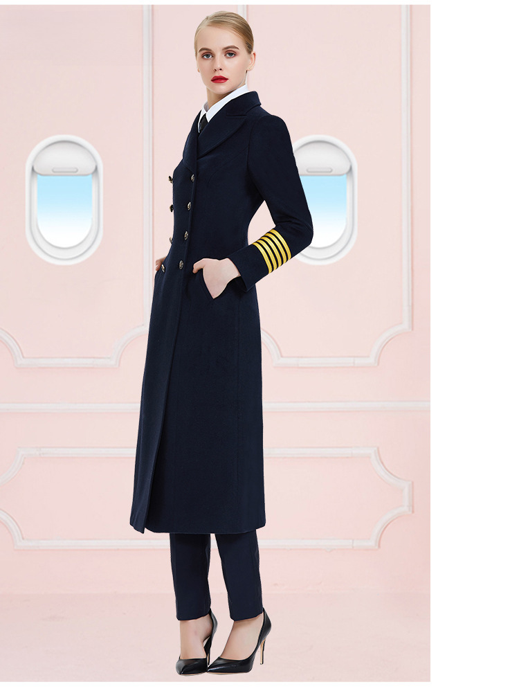 Stewardess-Mantel Damen Mittellanger Herbst- und Winter-Wollmantel für Flugkapitän/Pilot/Bodenabfertigung am Flughafen_voghion.com