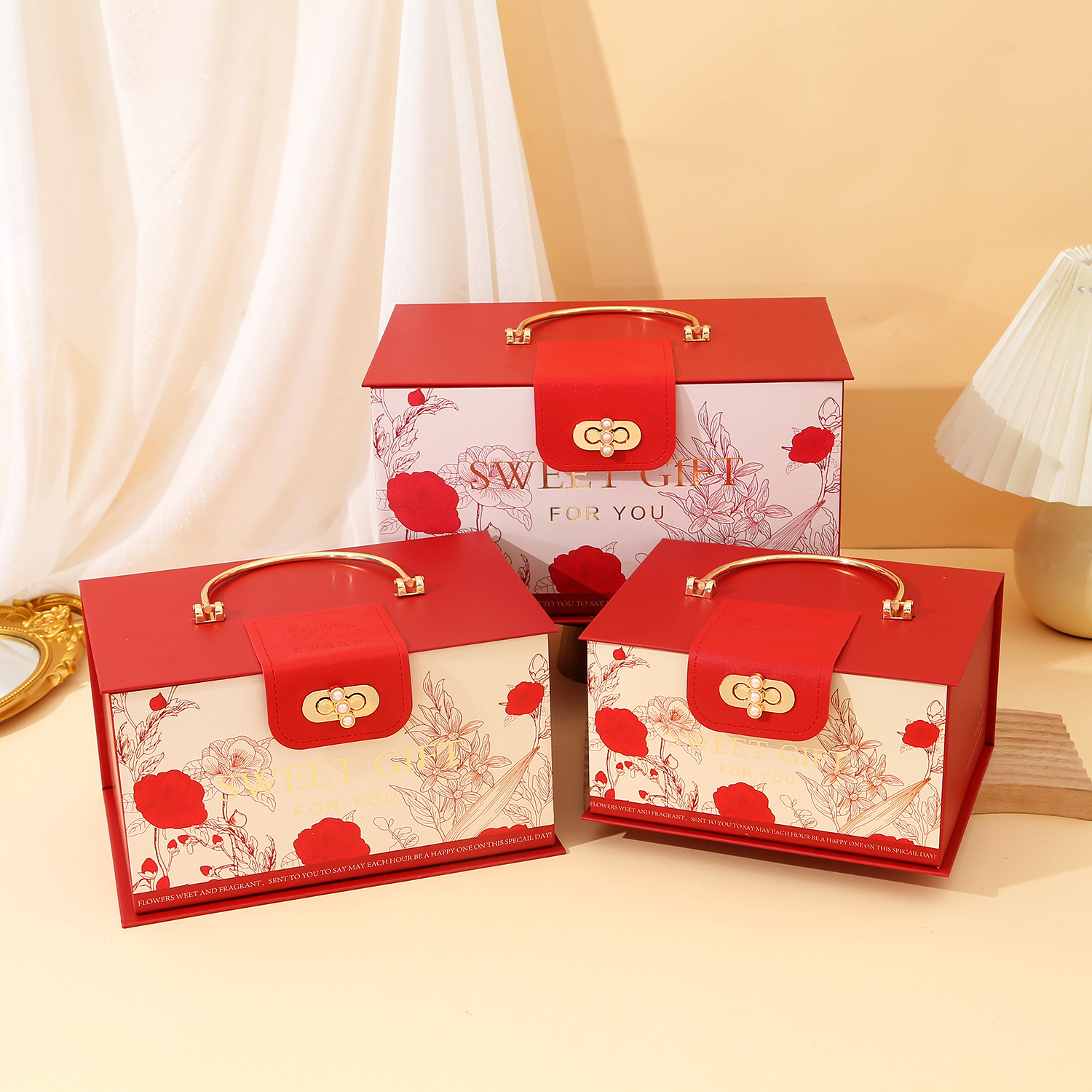 Caja de dulces para boda, caja de regalo de alta gama para damas de honor, caja de embalaje portátil de cuero de lujo ligero con tapa abatible para boda en el jardín de rosas