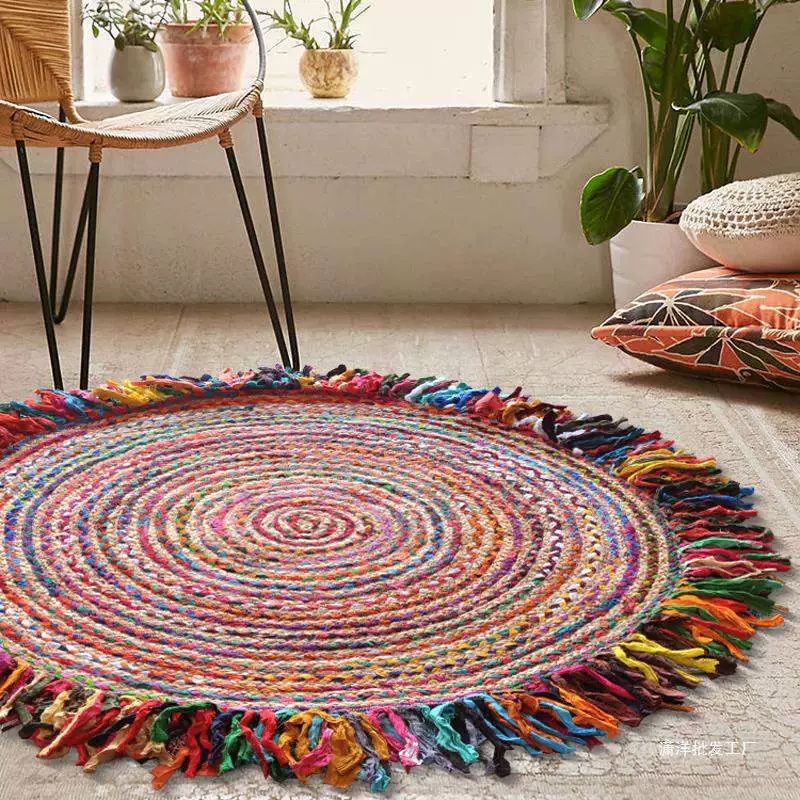 Коврик из смесовой ткани из чистого хлопка и джута в этническом стиле с круглыми кистями, для дивана, спальни или пола.