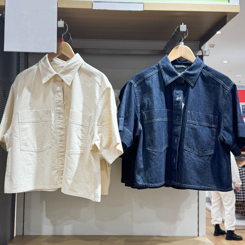 Women's Denim Boxy Shirt/Short-Sleeve Washed Shirt, Loose Short-Sleeve New Style Cropped Top 483877