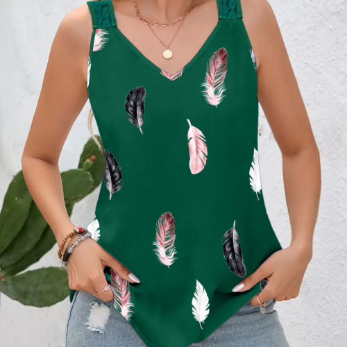 Casual minimalist lace trim hollow back loose-fitting top