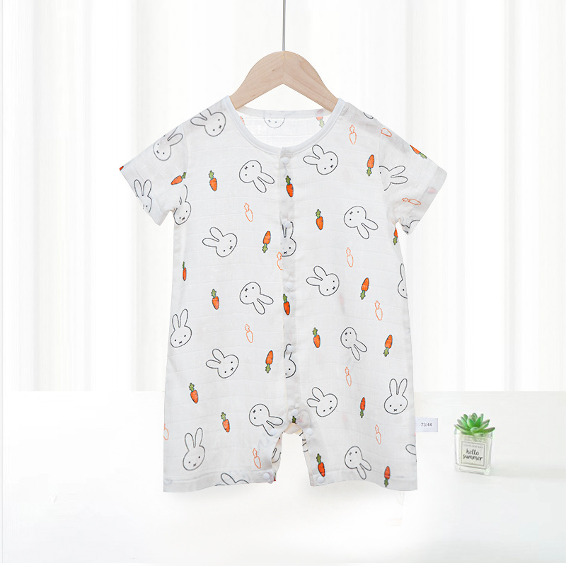 Ropa fresca de verano para bebé, mono de manga corta de gasa de algodón de bambú antibacteriano tipo A, fino.
