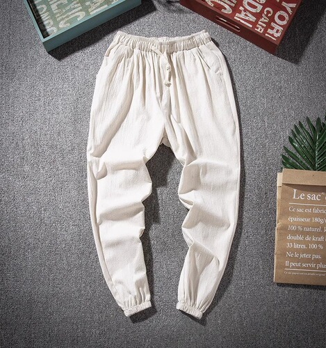 Chinese-style cotton linen Tang suit casual long pants for men, loose with elastic waist, suitable for spring and summer, monastic attire for Zen practice