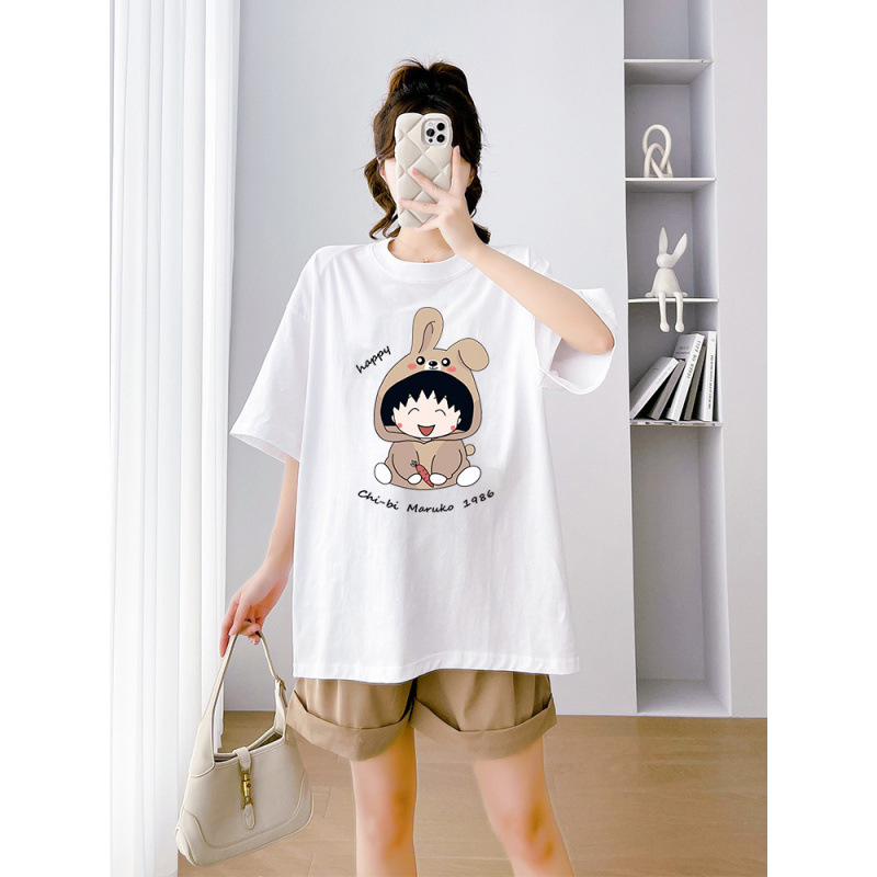 Maternity Wear Summer Cute Cartoon Rabbit Short-Sleeved T-Shirt Set for Pregnancy Casual Loose Slimming Top for Outer Wear during Pregnancy