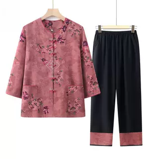 奶奶夏装套装女中老年人春装大码中袖衬衫老人太太衣服休闲妈妈装