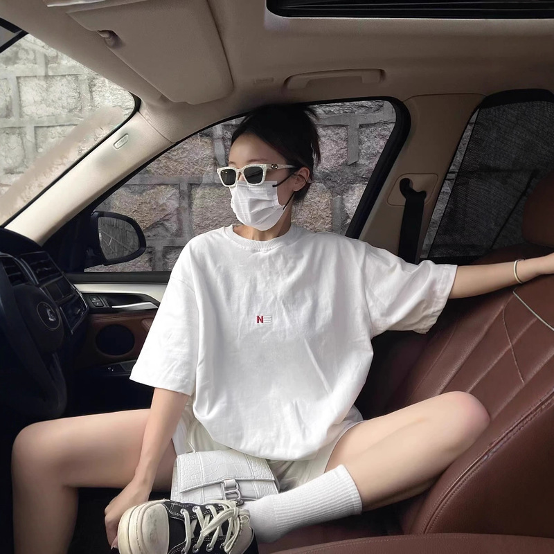 European Large Version White Simple Embroidered T-Shirt Women's Summer Korean Style Loose Lazy Style Half-Sleeved Mid-Length 7679